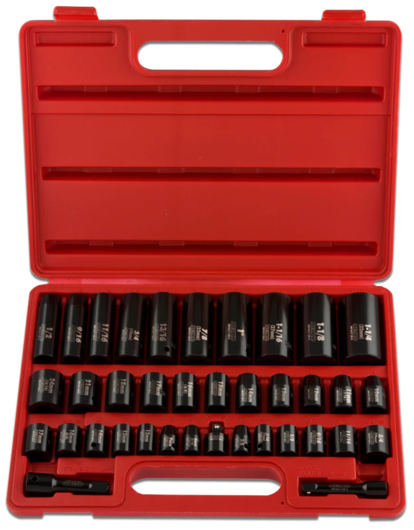 38PC 3/8" & 1/2" DRIVE MASTER DUO-METRIC IMPACT SOCKET SET — SAE & METRIC DEEP & SHALLOW