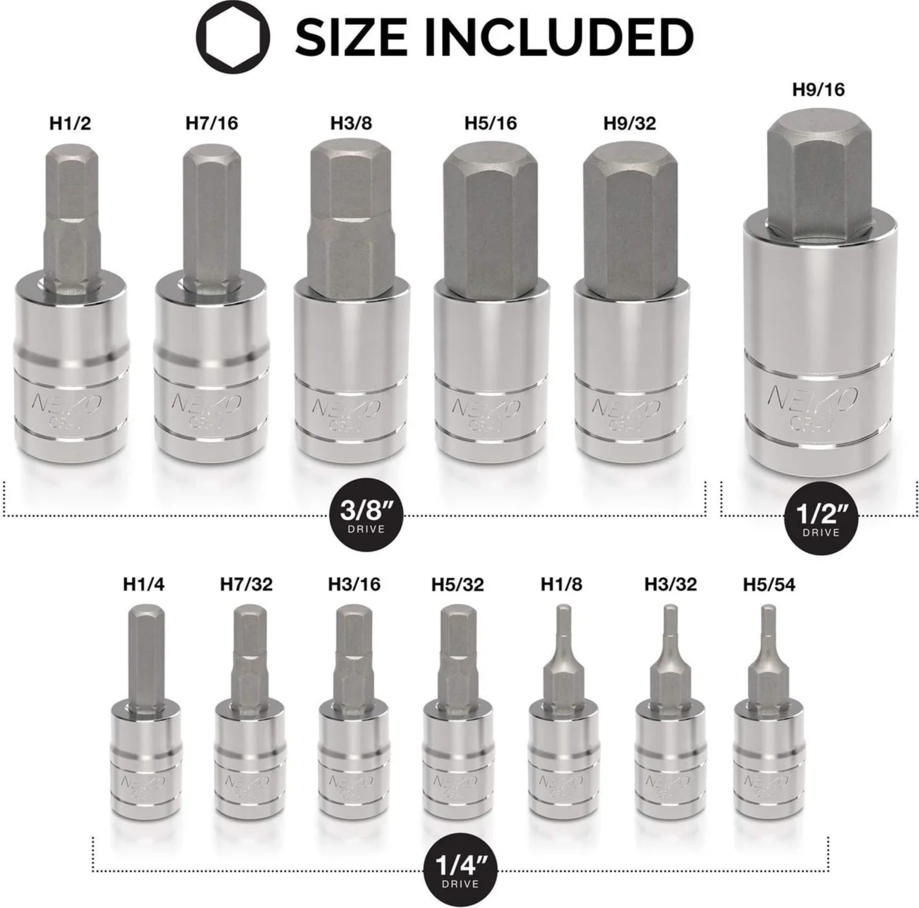 SAE HEX BIT SOCKET SET — S2 & CRV STEEL, 1/4", 3/8" & 1/2" DRIVE (13-PIECE)