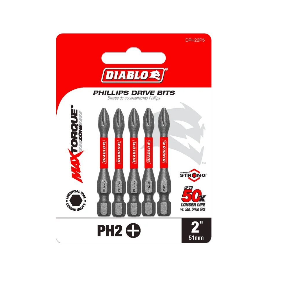 5PC #2 PHILLIPS, 2" SCREWDRIVER INSERT BITS- DIABLO