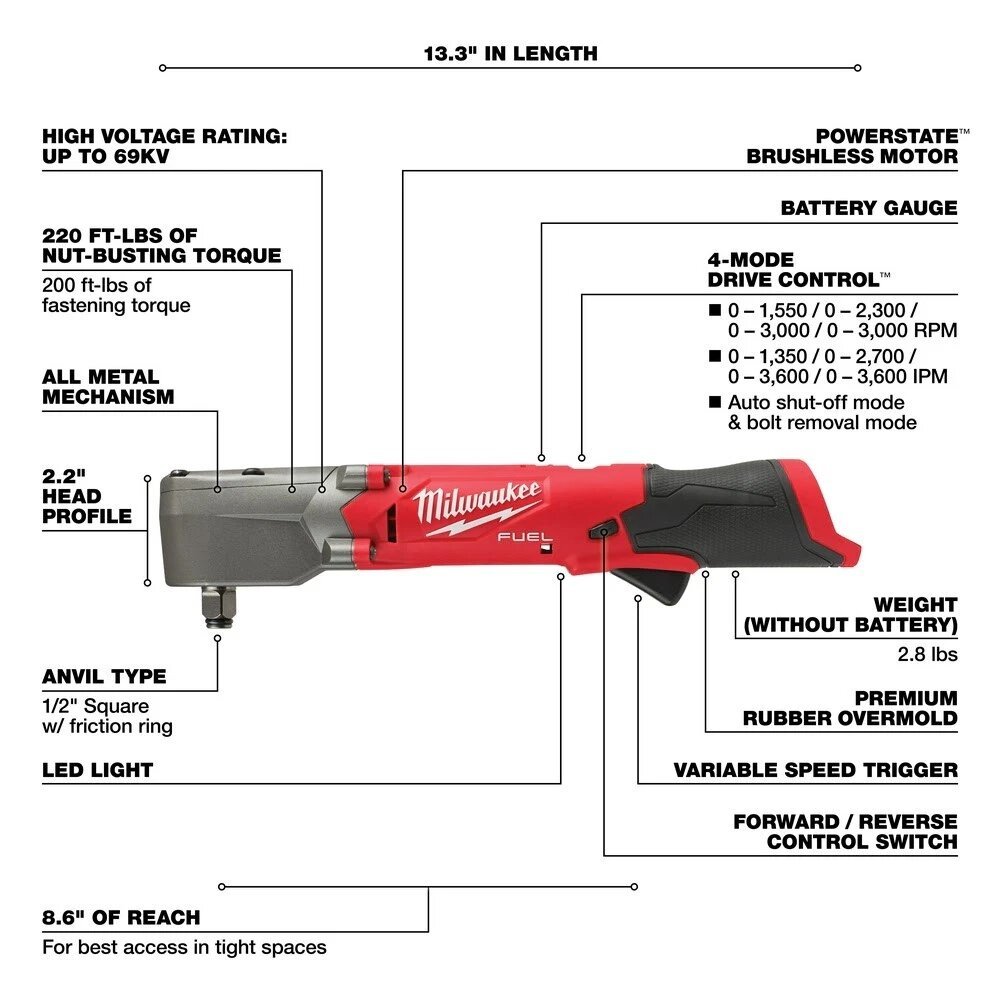 12V 1/2" RIGHT ANGLE IMPACT WRENCH TOOL ONLY - MILWAUKEE