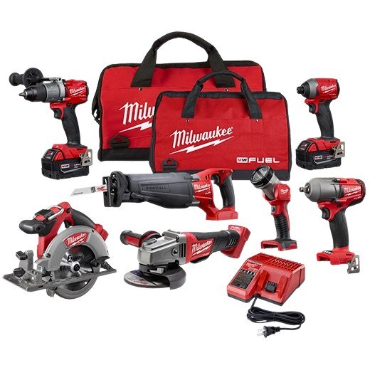 COMBO KIT - 7PC M18 FUEL - 1/2" HAMMER DRILL DRIVER, 1/4" HEX IMPACT DRIVER - 1/2" IMPACT WRENCH - SAWZALL - 6-1/2" CIRCULAR SAW - 4-1/2"-5" GRINDER - LED WORK LIGHT - MILWAUKEE