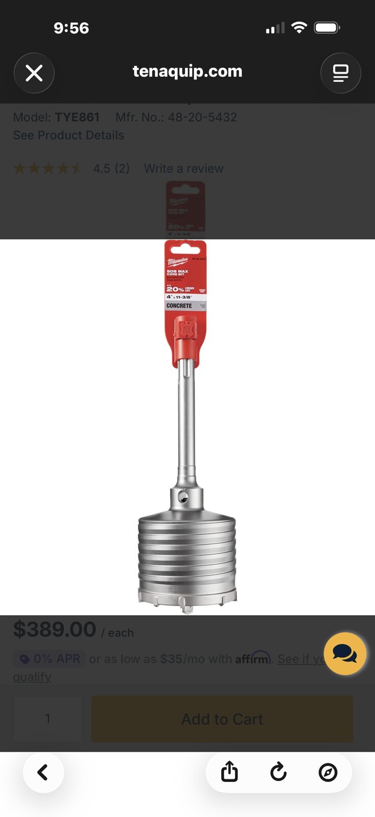 4”x 11-3/8 SDS-MAX CORE BIT 3” CUP - MILWAUKEE
