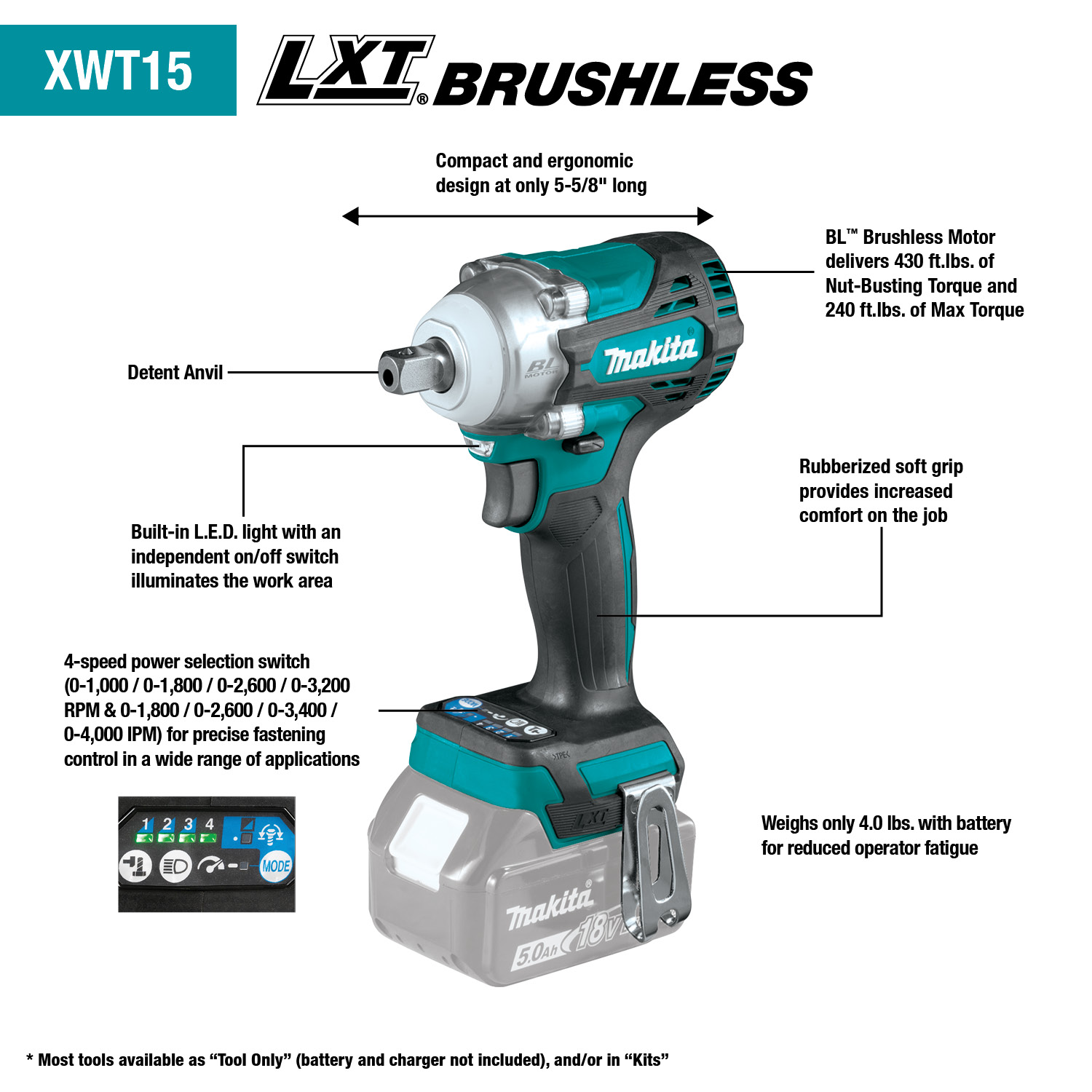 1/2” 18V LXT BRUSHLESS IMPACT 4 SPEED - MAKITA