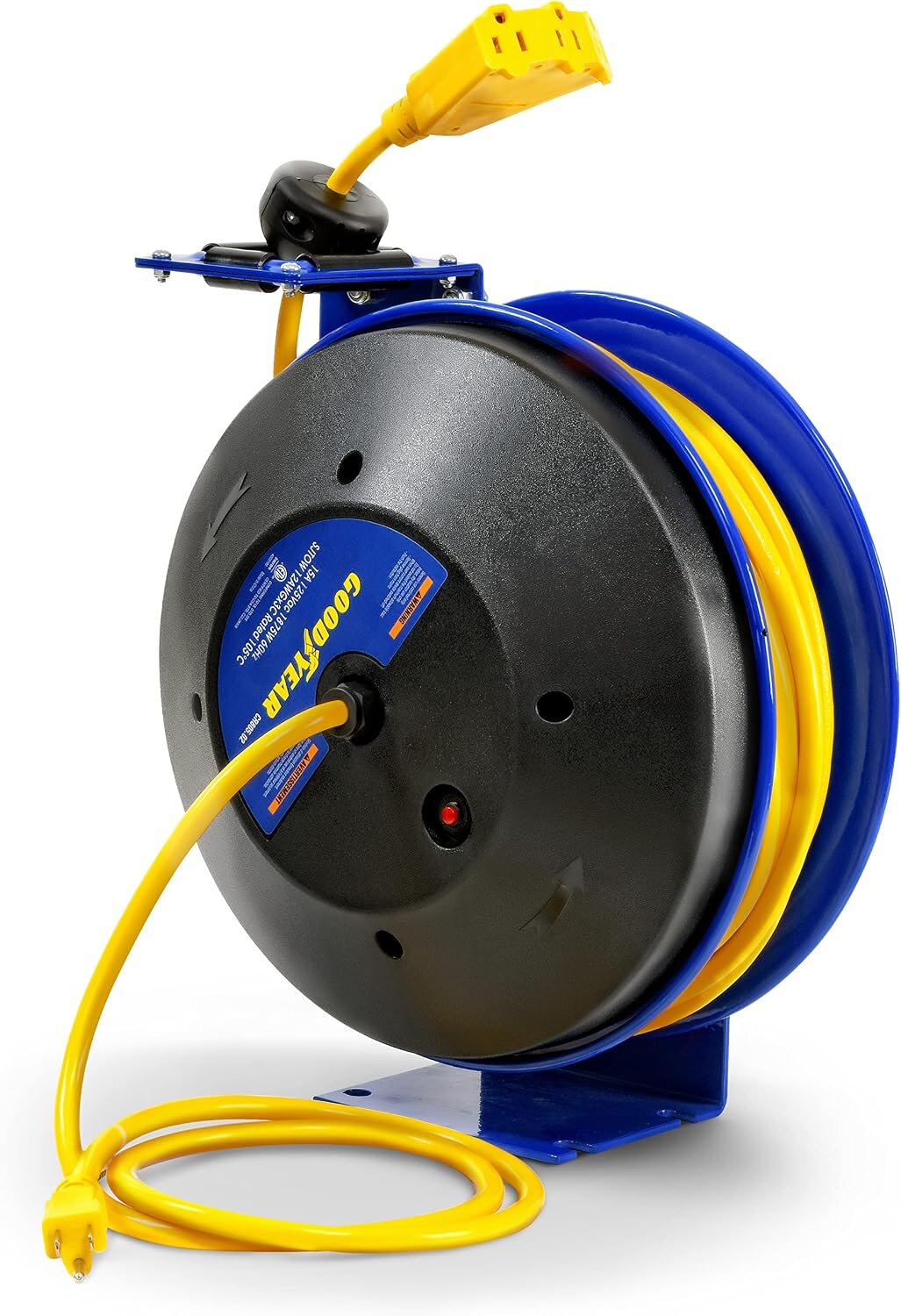 12/3 × 50' RETRACTABLE EXTENSION CORD REEL — STEEL ARM — TRIPLE TAP - GOODYEAR