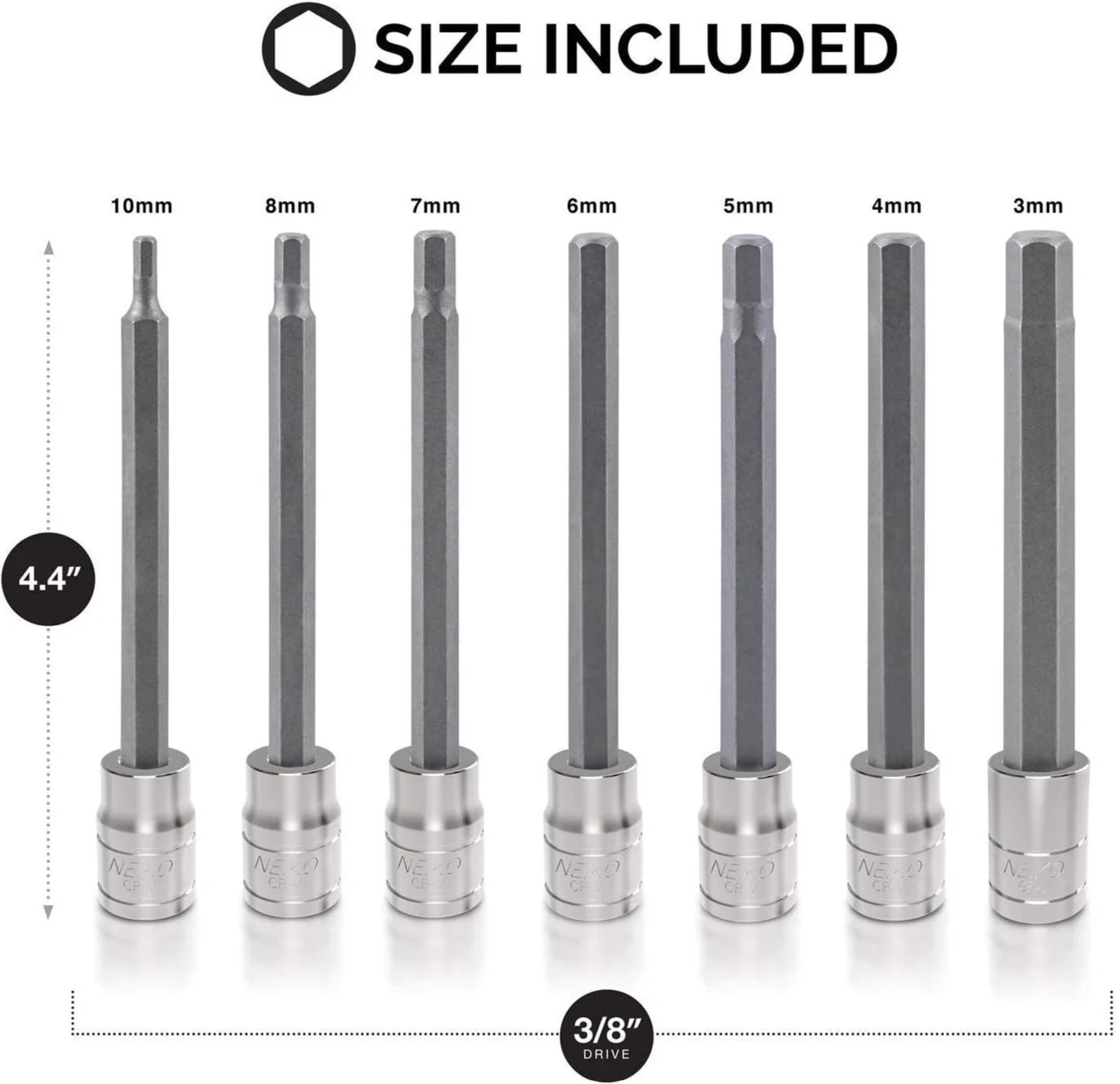 3/8" DRIVE EXTRA-LONG ALLEN HEX BIT SOCKET SET — METRIC, S2 & CRV STEEL (7-PIECE)