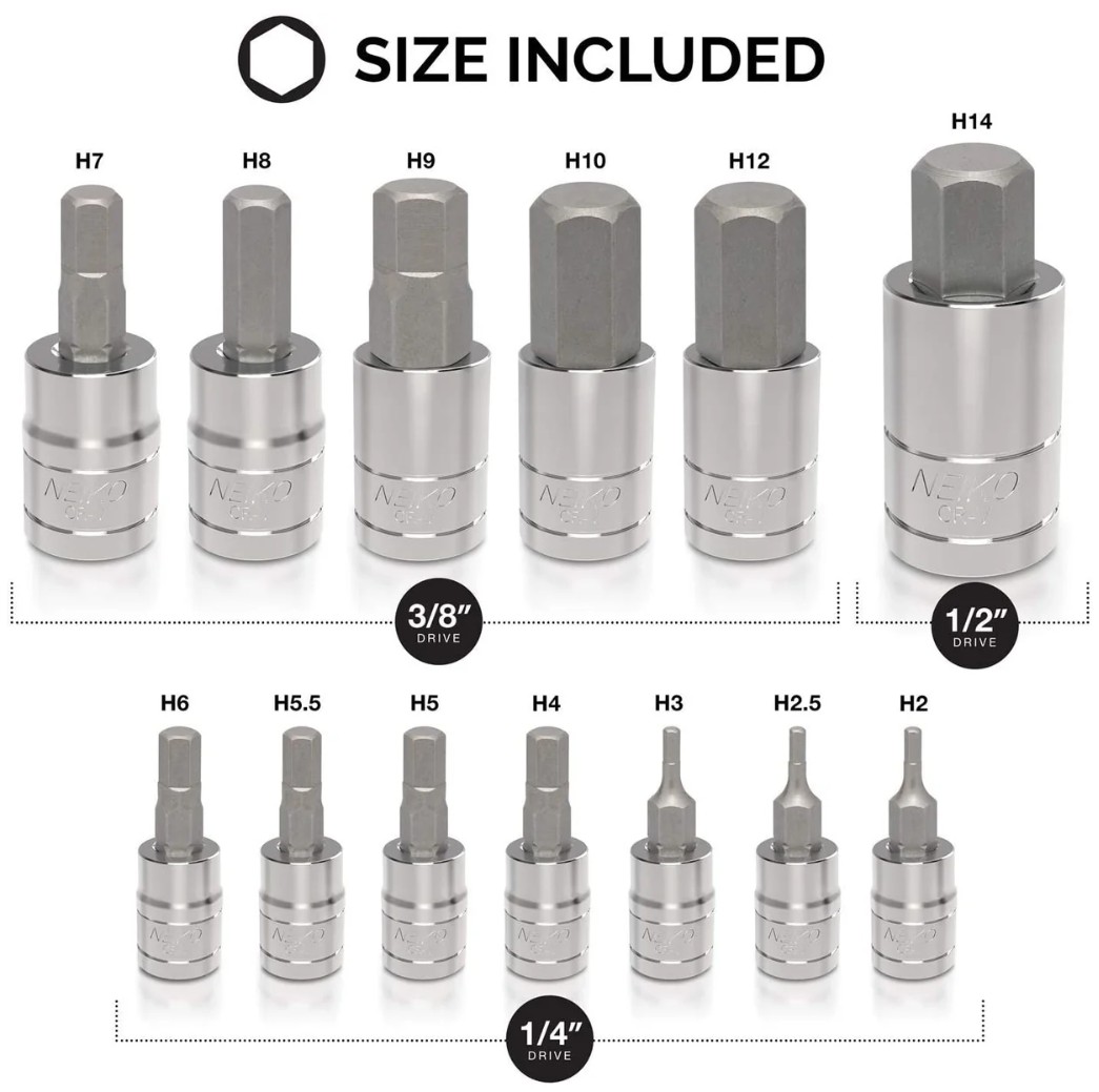 METRIC HEX BIT SOCKET SET — S2 & CRV STEEL, 1/4", 3/8" & 1/2" DRIVE, 2–14 MM (13‑PIECE)