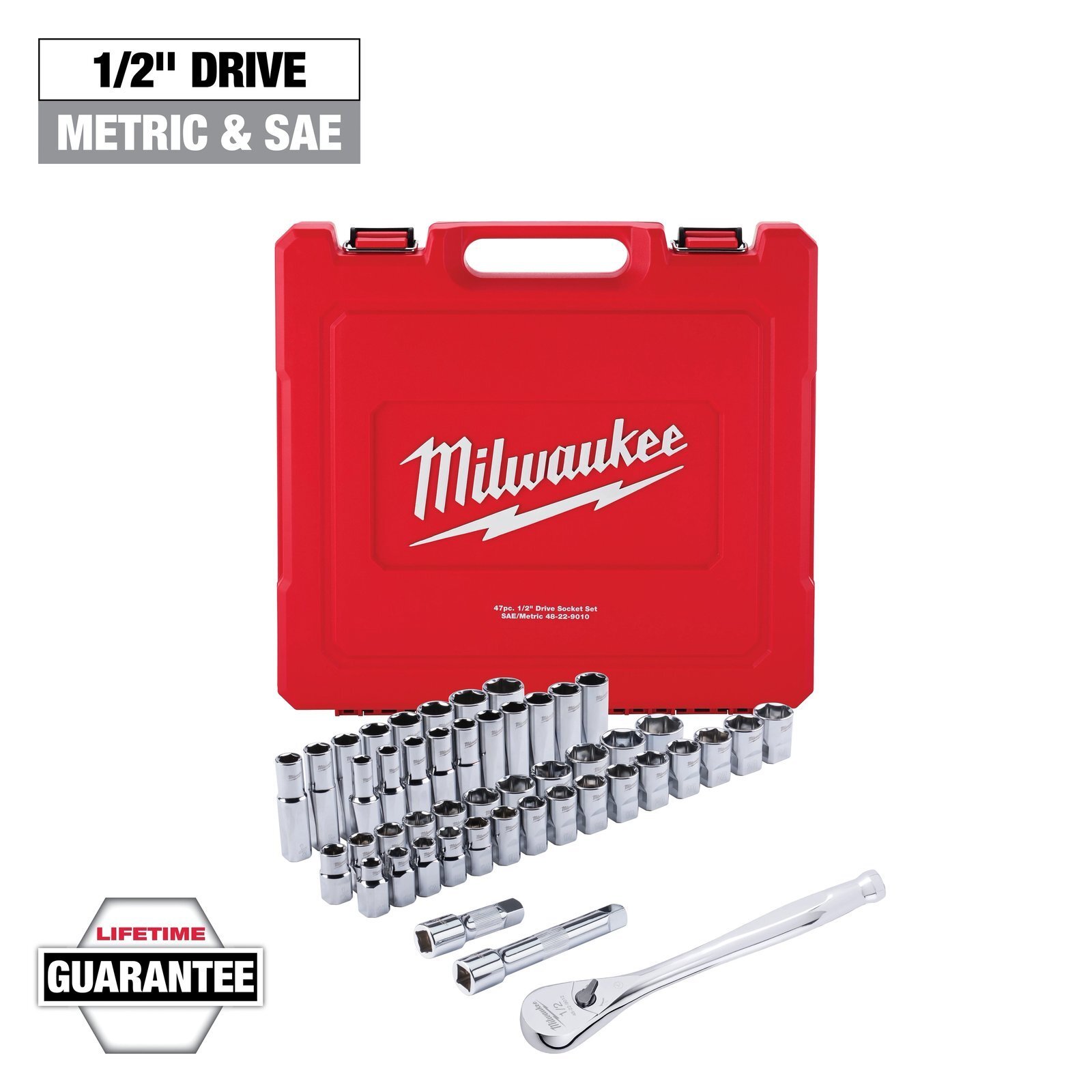 47PC 1/2" DRIVE METRIC & SAE RATCHET AND SOCKET SET WITH FOUR FLAT SIDES
