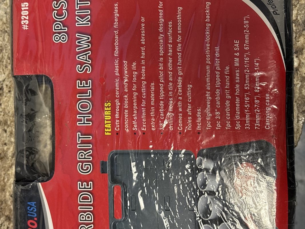 8PC CARBIDE GRIT HOLE SAW KIT 
(1-5/16”)(2-1/16”)(2-5/8”)(2-7/8”)(3-1/4”)
