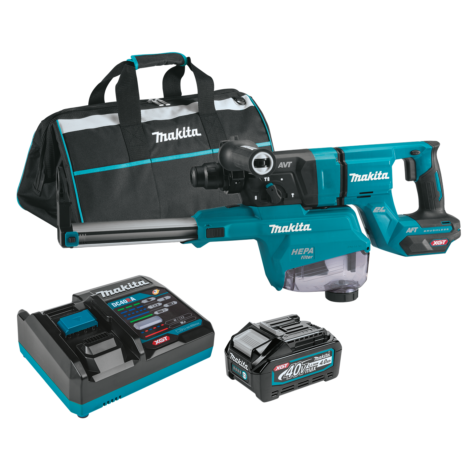 1‑1/8" 40V MAX XGT BRUSHLESS SDS‑PLUS AVT ROTARY HAMMER (D‑HANDLE) KIT W/ DUST EXTRACTOR, AFT, AWS - MAKITA