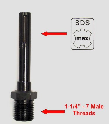 1/4" - 7 THREADS W/ SDS MAX SHANK (ADAPTER FOR CORE BIT WITH 1-1/4"-7 ARBOR) WET CORE BIT SHANK - REDUCER FOR SDS-MAX
