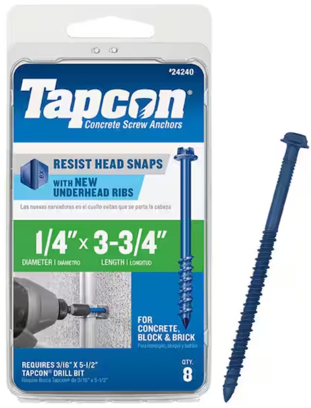 1/4" X 3-3/4"HH CONCRETE SCREW/ANCHOR, 8PK ONLY - MADE IN USA - TAPCON DO NOT SELL MORE THAN AVAILABLE QUANTITY