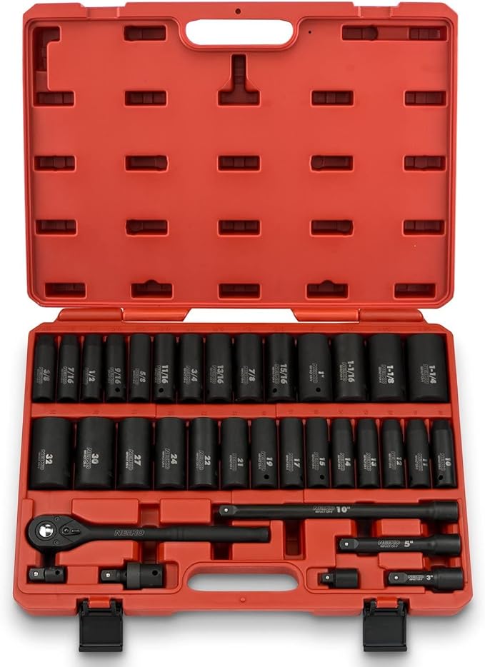 1/2" IMPACT SOCKET SET 35PC DEEP ASSORTMENT SAE 3/8”–1‑1/4” MM 10–32MM)W/ RATCHET & IMPACT EXT. BARS - NEIKO