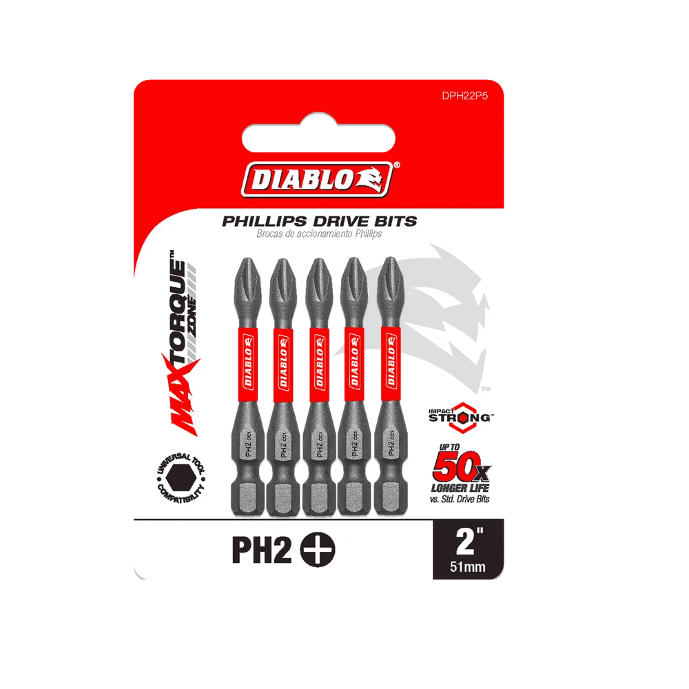5PC #2 PHILLIPS, 2" SCREWDRIVER INSERT BITS- DIABLO