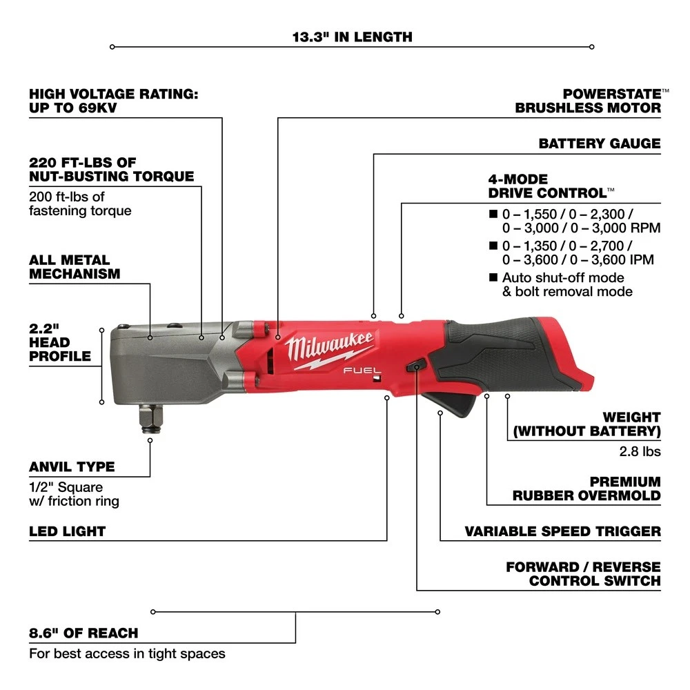 12V 1/2" RIGHT ANGLE IMPACT WRENCH TOOL ONLY - MILWAUKEE