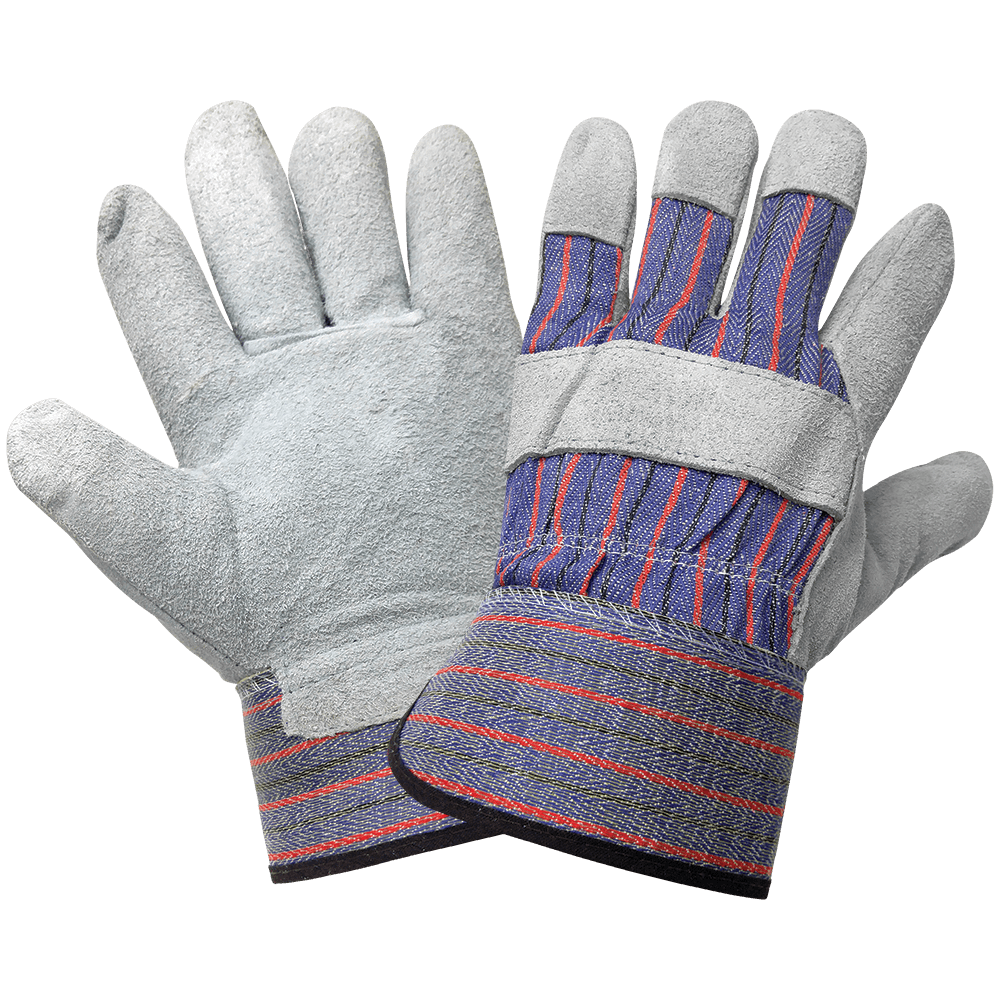 ECONOMY CUT SPLIT COWHIDE LEATHER PALM GLOVES W/ COTTON BACK RUBBERIZED SAFETY CUFF
