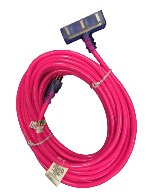 CORD - 50' 12 GAUGE SJTW TRIPLE TAP EXTENSION CORD W/LIGHTED END - PINK