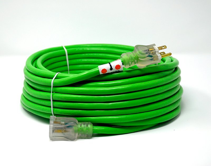 12 GAUGE SJTW EXTENSION CORD, LIGHTED END- GREEN - CUSTOMIZED..