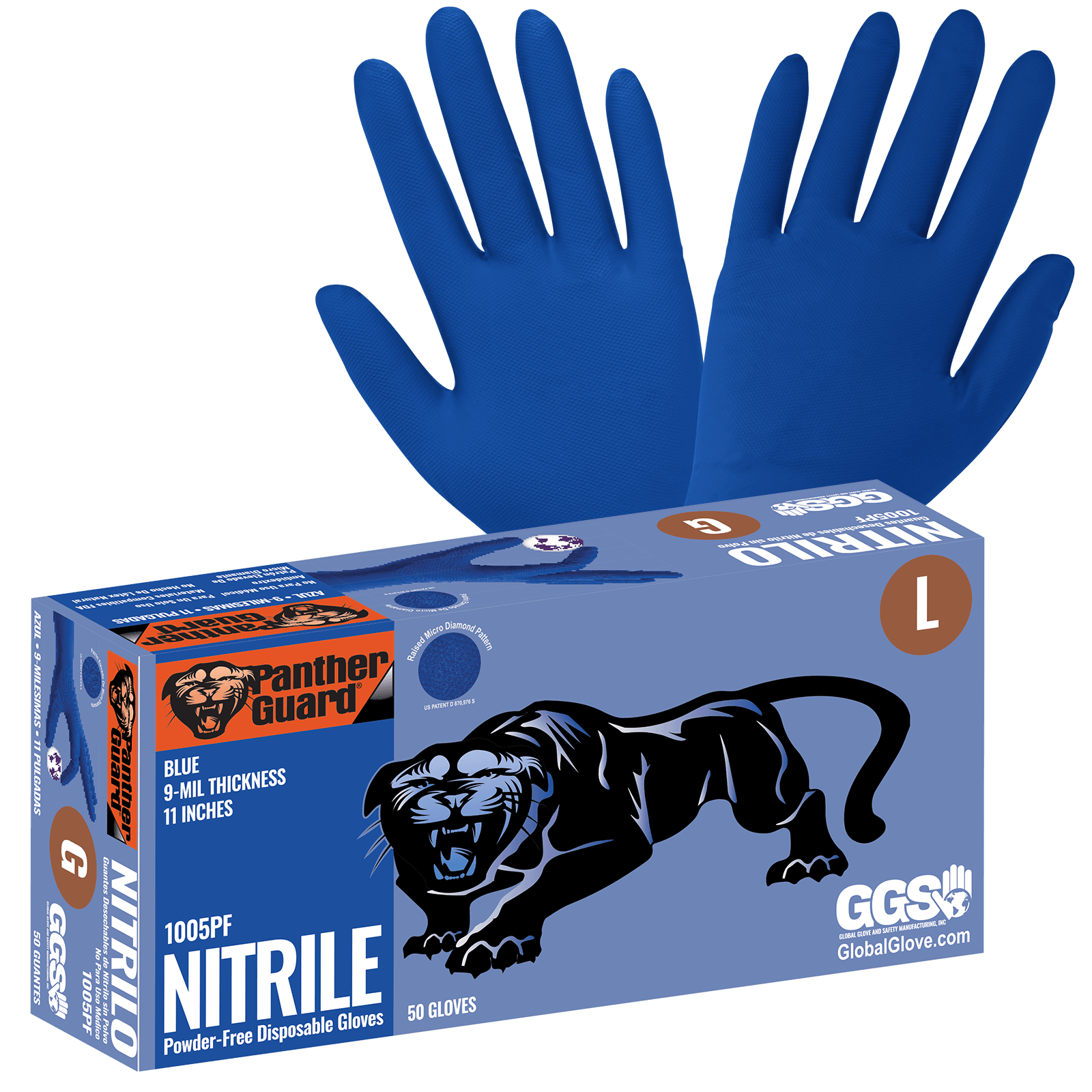 PANTHER-GUARD HEAVYWEIGHT NITRILE, POWER FREE, INDUSTRIAL-GRADE, RAISE MICRO DIAMOND PATTERN- BLUE- 9 MIL DISPOSABLE GLOVES- LARGE- 50 PACK