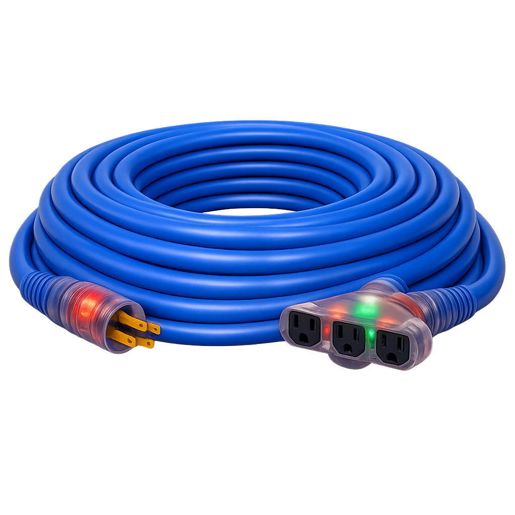 CORD - 14 GA - 100' - SJTW EXTENSION CORD W/LIGHTED END - BLUE - CUSTOMIZED